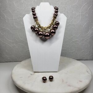 Pearl Statement Necklace & Acorn Earrings Set Metallic Purple Beaded Chunky Ball